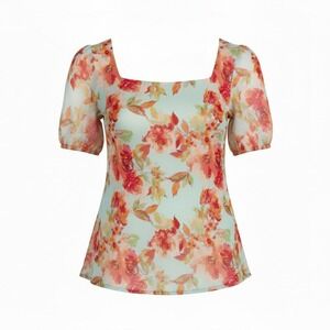 Willow Drive Blue Floral Top Square Neck Sheer Sleeve Cottagecore Blouse Medium
